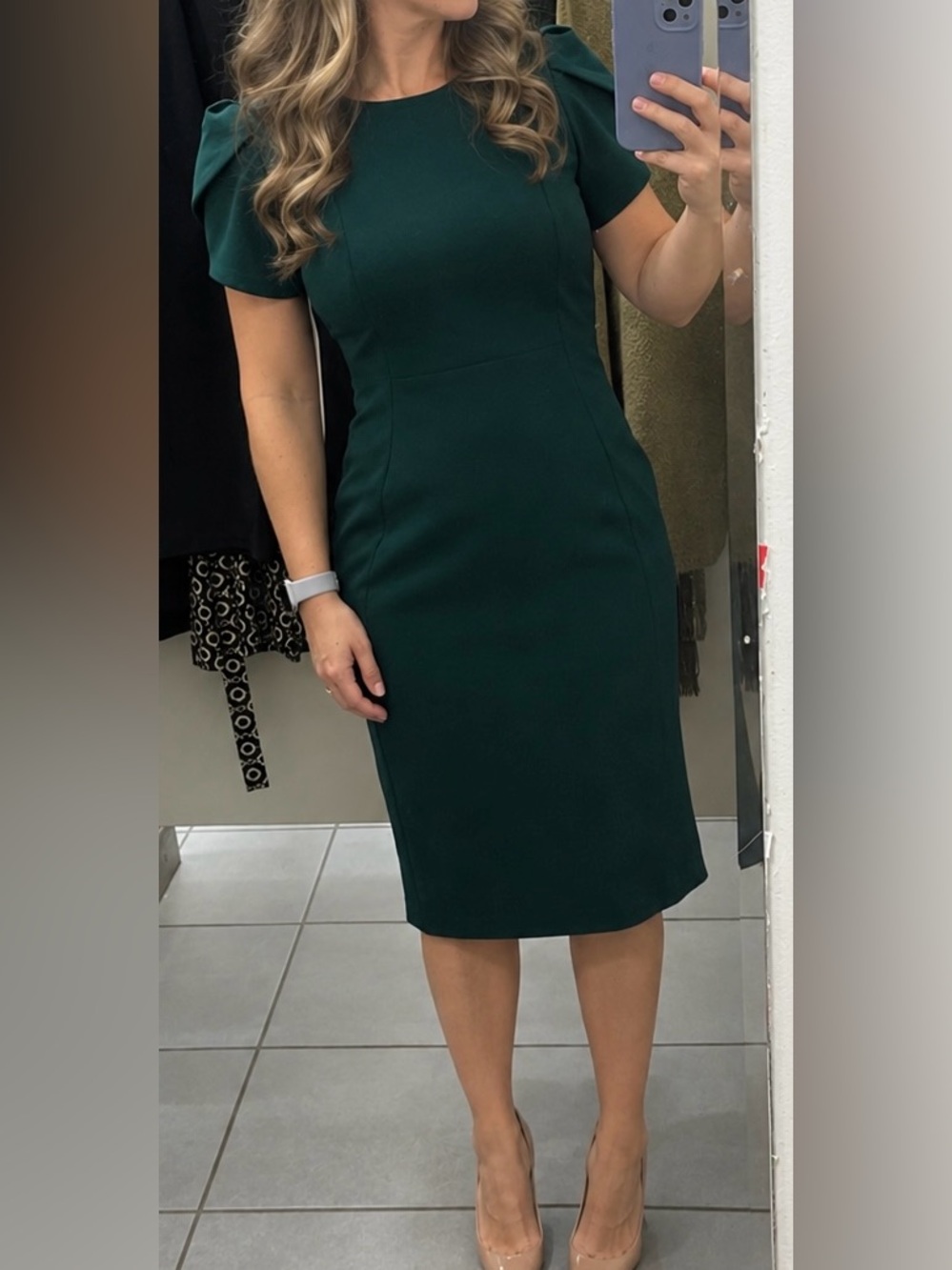 Calvin Klein Dark Green Short Sleeve Midi Sheath Dress women’s size 10